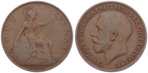 Great Britain, Kingdom, George V, 1 Penny Bronze 1918KN, Head left, KM 810, SCARCE DATE, A.VF