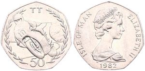 Isle of Man, British Dependency, Elizabeth II, 50 Pence Copper-Nickel 1982, Tourist Trophy Motorcycle Races - Motorcyclist left, KM 101, UNC