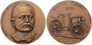 France, Republic, Medal in Bronze (Restrike) 1975 by A. Bourroux, Bust of Armand Peugeot 1849-1915 facing / Vis A Vis - Peugeot Oldtimer from 1891 right, XF