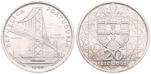 Portugal, Republic, 20 Escudos Silver 1966, Opening of the Salazar Bridge in Lisbon, KM 592, UNC