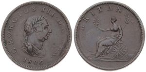 Great Britain, Kingdom, George III, 1/2 Penny Copper 1806, Laureate bust right, KM 662, VF