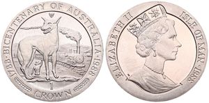 Isle of Man, British Dependency, Elizabeth II, 1 Crown Copper-Nickel 1988, Australian Bicentennial - Dingo within circle, KM 226, B.UNC