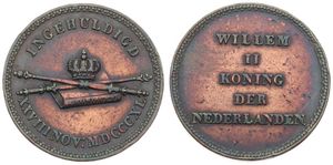 Netherlands, Kingdom, William II, Medal in Copper 1840, Inauguration of William II, Crown, scepter and a staff above the book of Constitution / Legend in 5 lines, VF