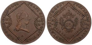 Austria, Empire, Franz I, 15 Kreuzer Copper 1807A, Bust right within beaded design, KM 2138, XF