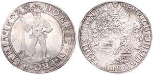 German States, Brunswick - Wolfenbuttel, Heinrich Julius, 1 Thaler Silver 1602, Helmeted 11-fold arms within circle / Wildman with tree trunk within beaded circle, KM 7, VF