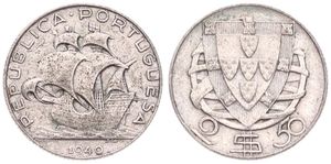 Portugal, Republic, 2-1/2 Escudos Silver 1940, Early sailing ship, KM 580, VF+