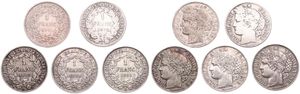 France, Republic, 5 x 1 Franc Silver 1871, 1872, 1887, 1888 & 1895, Laureate head left, KM 822.1 (Paris), VF/XF