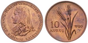 Turkey, Republic, 10 Kurus Bronze 1980, F.A.O. - Anatolic bride's head left, KM 935, UNC