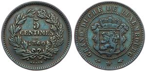 Luxembourg, Grand Duchy, William III, 5 Centimes Bronze 1860, Crowned shield within rope wreath, KM 22.2, SCARCE KEY DATE, VF