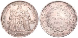 France, Republic, 5 Francs Silver 1874K, Hercules Group, KM 820.2 (Bordeaux), XF