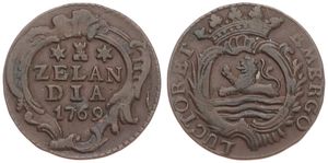 Netherlands, Zeeland Province, 1 Duit Copper 1769, Crowned arms of Zeeland, KM 101.1, VF