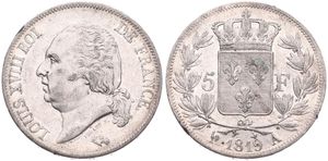 France, Second Kingdom, Louis XVIII, 5 Francs Silver 1819A, Head left, KM 711.1 Paris, A.XF
