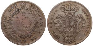 Azores, Portuguese Administration, Luiz I, 10 Reis Copper 1865, Crowned arms, KM 14, F/VF