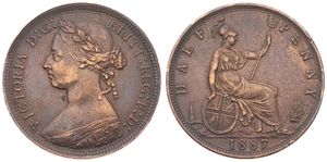 Great Britain, Kingdom, Victoria, 1/2 Penny Bronze 1887, Laureate and draped bust left, KM 754, A.XF