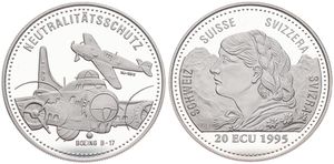 Switzerland, Confederation, 20 Ecu Silver 1995, Female bust left - Matterhorn behind, KM NL, PROOF