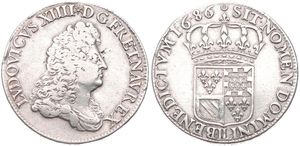 France, Kingdom, Louis XIV, 1 Ecu Silver 1686 IL, Draped bust right / Crowned arms of France and Old & New Burgundy, KM 257.2 Lille, RARE, VF (slightly cleaned)