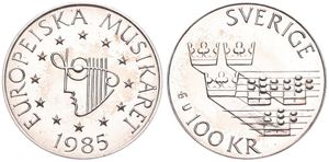 Sweden, Kingdom, Carl XVI Gustaf, 100 Kronor Silver 1985, European Music Year, KM 865, UNC