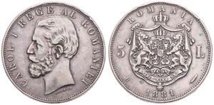 Romania, Kingdom, Carol I, 5 Lei Silver 1881B, Bearded head left, KM 16, VF (some edgenicks)