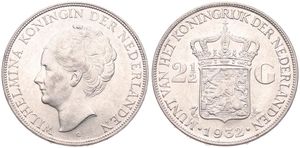 Netherlands, Kingdom, Wilhelmina I, 2-1/2 Gulden Silver 1932, Head left, KM 165, A.UNC
