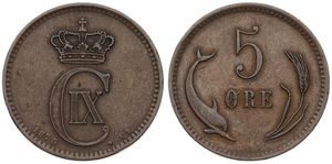 Denmark, Kingdom, Christian IX, 5 Ore Bronze 1875, Crowned Monogram, KM 794.1, VF