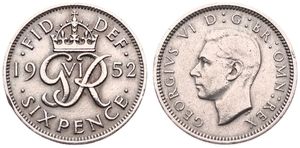 Great Britain, Kingdom, George VI, 6 Pence Copper-Nickel 1952, Head left, KM 875,  SCARCE KEY DATE, VF