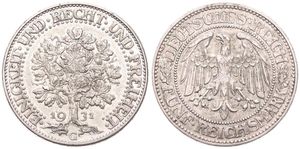 Germany, Weimar Republic, 5 Reichsmark Silver 1931G, Oaktree divides date / Eagle with wings spread within circle, KM 56, VF