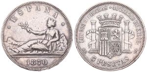 Spain, Provisional Government, 5 Pesetas Silver 1870 (70), Seated crowned figure holding palm sprig, KM 655, VF