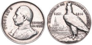 Germany, Empire, Medal in Silver 1914, Erinnerung an die Einnahme von Antwerpen, Crowned Eagle with view on the city of Antwerp / Bust of Wilhelm II left, SCARCE, VF (slightly cleaned)