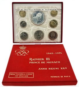 Monaco, Principality, Rainier III, Official Annual Mint Set 1974 (7) in original packaging, KM SS1, RARE, UNC
