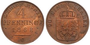 German States, Prussia, Wilhelm I, 4 Pfennig Copper 1868C, Crowned arms, KM 483, XF