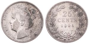 Netherlands, Kingdom, Wilhelmina I, 25 Cents Silver 1904, Crowned head left, KM 120.2, A.VF