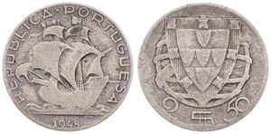 Portugal, Republic, 2-1/2 Escudos Silver 1948, Early sailing ship, KM 580, RARE DATE, Fine
