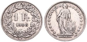 Switzerland, Confederation, 1 Franc Silver 1908, Standing Helvetia, KM 24, VF