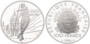France, Republic, 100 Francs Silver 1994, Olympics - Javelin Thrower, KM 1048, PROOF