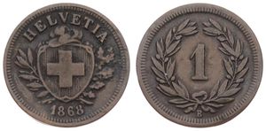 Switzerland, Confederation, 1 Rappen Bronze 1868, Cross in shield within sprigs, KM 3.1, Fine