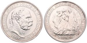 Hungary, Kingdom, Franz Joseph I, 5 Korona Silver 1907KB, 40th Anniversary of the Coronation of Franz Joseph, KM 489, A.UNC