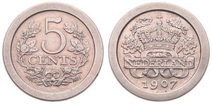 Netherlands, Kingdom, Wilhelmina I, 5 Cents Copper-Nickel 1907, Crown flanked by sprigs, KM 137, UNC