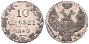 Poland, Kingdom, Nicholas I, 10 Groszy Silver 1840 MW, Crown above double headed imperial eagle, KM 113a, XF/AU
