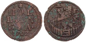 Netherlands, Holland Province, 1 Duit Copper 1702, Standing lion holding spear, KM 80, Fine