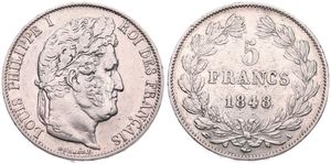 France, Second Kingdom, Louis Philippe I, 5 Francs Silver 1848A, Laureate head right, KM 749.1 (Paris), XF