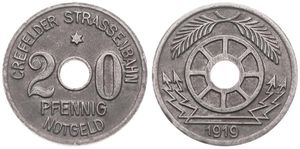 Germany, Emergency Coinage, Crefeld - Strassenbahn, 20 Pfennig Iron 1919, Stylized wheel flanked by arrows / Center hole divides denomination, A.UNC