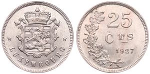 Luxembourg, Grand Duchy, Charlotte, 25 Centimes Copper-Nickel 1927, Crowned national arms flanked by stars, KM 37, UNC