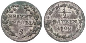 Switzerland, Helvetian Republic, 1/2 Batzen Billon 1799, HELVET/REPUBL within wreath, KM A5, VF