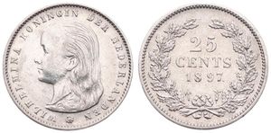 Netherlands, Kingdom, Wilhelmina I, 25 Cents Silver 1897, Queen's head with long hair left, KM 115, VF+