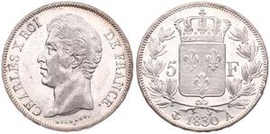 France, Second Kingdom, Charles X, 5 Francs Silver 1830A, Head left, KM 728.1 Paris, XF