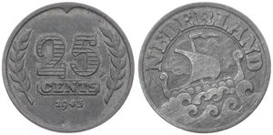 Netherlands, Kingdom, Wilhelmina I, 25 Cents Zinc 1943, Sailing boat right, KM 174, KEY DATE, XF 