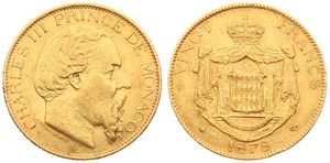 Monaco, Principality, Charles III, 20 Francs Gold 1878A, Bearded head right / Draped national arms, KM 98, A.VF (*)