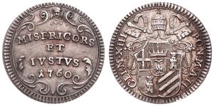 Italian States, Papal States, Clement XIII, 1 Grosso Silver 1760-II, Papal arms, KM 996, A.UNC