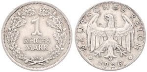 Germany, Weimar Republic, 1 Reichsmark Silver 1926A, Eagle with wings spread above date, KM 44, VF
