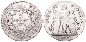 France, Consulship, Napoleon, 5 Francs Silver LAN 11A, Hercules group, KM 639.1 Paris, Fine (cleaned)